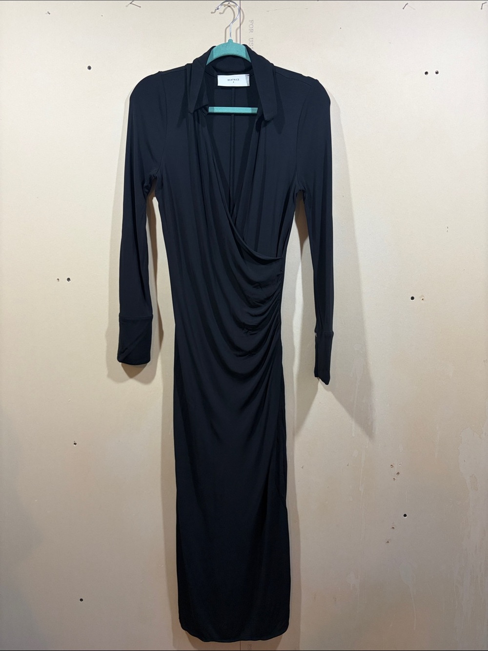 Beatrice Black Long Sleeve Drape Front Dress Size S